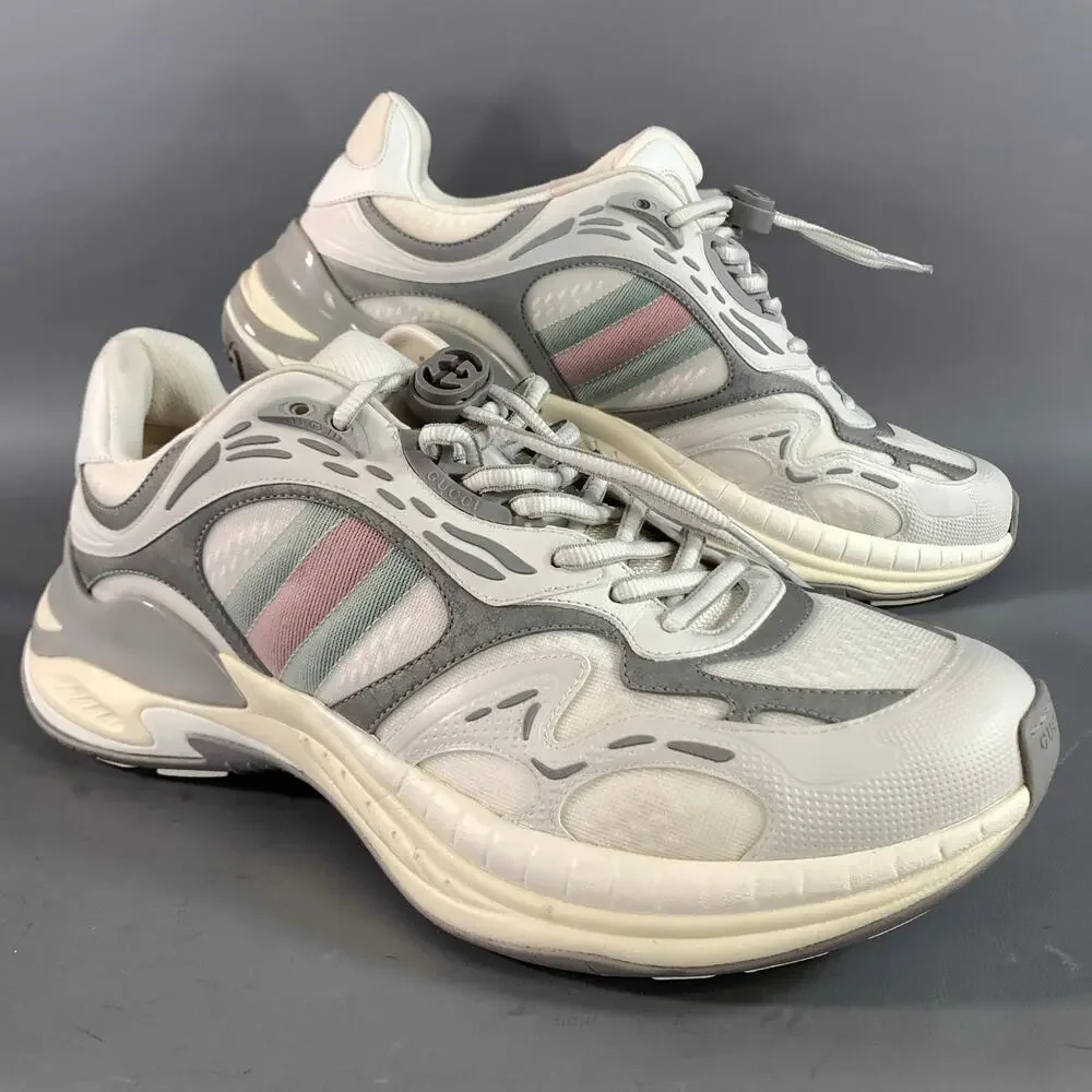 GUCCI Size 11.5 White Grey Leather Lace Up Sneakers